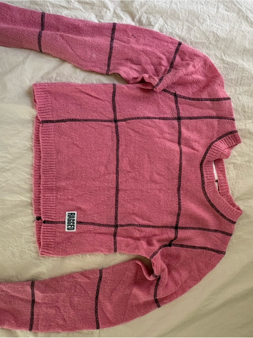 Ragged Pink Grid-Pattern Crewneck Sweater